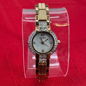 Elgin Gold Tone Crystal Bezel Mother of Pearl Dial Watch EG6252T NEEDS BATTERY